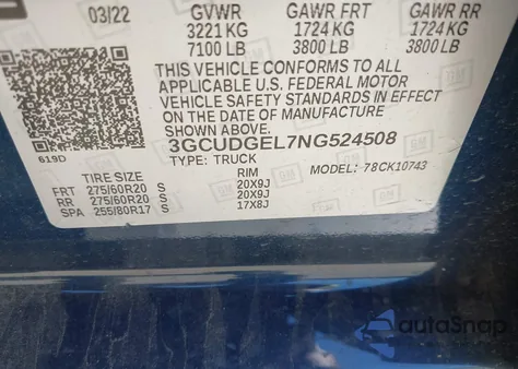 2022 Chevrolet Silverado 1500 4Wd Standard Bed Ltz из США, поврежденный, VIN 3GCUDGEL7NG524508